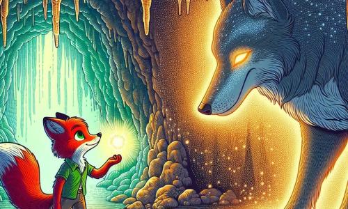 Un renard au pelage roux et aux yeux verts se tient au centre d'une caverne illuminée par une plume magique. Son expression est déterminée et bienveillante, tandis qu'il tend la plume vers un grand loup au pelage gris sombre, dont les yeux reflètent tristesse et hésitation. La caverne, ornée de stalactites scintillantes, est baignée d'une douce lumière dorée, créant une atmosphère chaleureuse. Cette scène montre le renard et le loup dans un moment de compréhension et de rédemption, symbolisant une amitié naissante.