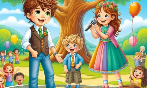 Au centre de l'image, Sam, un garçon de 10 ans avec des cheveux bruns en bataille et un sourire éclatant, se tient sur une petite scène en bois, prêt à chanter. À sa gauche, Lucas, un garçon de 9 ans aux cheveux blonds, danse joyeusement en tapant des mains. À sa droite, Mia, une fille de 9 ans avec de longs cheveux châtains et une robe colorée, sourit et encourage Sam. Le décor est un grand chêne majestueux sous le soleil, avec des ballons colorés flottant dans le ciel bleu. Des enfants et des adultes applaudissent autour de la scène, leurs visages rayonnants de joie. La scène montre Sam chantant avec confiance, entouré de ses amis, illustrant la confiance en soi et l'amitié.