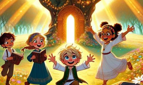 Dans une clairière enchantée, quatre amis se tiennent ensemble, entourés de fleurs brillantes. Camille, 8 ans, sourit en tenant un livre ancien. Lila, 7 ans, danse autour de lui, pleine d'énergie. Malik, 9 ans, observe les fleurs avec émerveillement, assis sur une pierre. Zoé, 8 ans, se tient près d'un grand arbre, affichant une expression de sagesse. La clairière est baignée de lumière dorée, créant une ambiance magique. Les enfants découvrent une porte secrète au pied de l'arbre, symbolisant leur quête d'amitié et de sagesse, prêts à entrer dans un monde de découvertes et de rires.