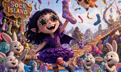 Violette, petite vampire joyeuse et malicieuse, sourit en montrant ses dents pointues ; elle porte des lunettes d'étoiles, une robe violette à volants, des chaussettes dépareillées et tient une chaussette brillante qui scintille tandis que Zigoto, un écureuil espiègle à fourrure rousse et casquette à hélice, virevolte au-dessus d'elle ; autour, lapins blancs et oiseaux multicolores dansent sur l'île des chaussettes — arbres couverts de chaussettes, sol de gelée bleue, pont en nouilles et collines de chocolat — où la chaussette magique déclenche une danse carnavalesque de chaussettes tournantes, rubans colorés et ambiance chaleureuse aux couleurs vives et textures brillantes, la composition centrée sur Violette et la chaussette scintillante.