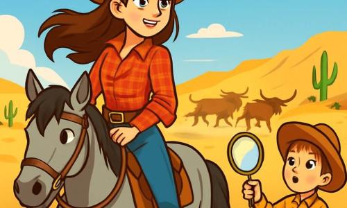 Une jeune cow-girl nommée Iris, âgée d'environ 16 ans, se tient sur son cheval gris, Zéphyr. Elle a de longs cheveux bruns, porte un chapeau de cowboy en cuir et une chemise à carreaux rouge. Son visage montre une détermination courageuse. À ses côtés, Eli, un garçon de 10 ans aux bottes trop grandes, la regarde avec admiration, tenant un miroir pour signaler un danger. En arrière-plan, un paysage désertique avec des collines dorées et des cactus s'étend sous un ciel bleu. Iris et Eli observent un troupeau de longhorns s'éloigner, tandis qu'un vent léger soulève la poussière, créant une ambiance d'aventure.