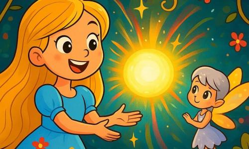 Eléa est une jeune femme aux longs cheveux dorés et à la robe bleu ciel ornée de fleurs colorées. Elle exprime une détermination joyeuse, avec un sourire éclatant et des yeux pétillants d'espoir, se tenant devant une sphère lumineuse flottante, prête à libérer la magie. À ses côtés, Lumen, une petite créature féerique aux ailes chatoyantes, admire Eléa. La scène se déroule dans une salle enchantée, illuminée par la sphère qui émet des couleurs vives. Ensemble, Eléa et Lumen libèrent la magie, provoquant un tourbillon de lumière et de couleurs qui repousse les ombres et ravive la beauté de leur monde féerique.
