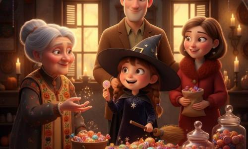 Une fillette de six ans, émerveillée, en costume de sorcière noir avec chapeau pointu et petit balai, tient un bonbon coloré que lui tend une vieille dame mystérieuse aux cheveux blancs, tandis que ses parents se tiennent proches et rassurants; la scène se déroule dans une vieille maison chaleureuse et légèrement poussiéreuse aux murs en bois, chandelles allumées, toiles d’araignée décoratives et grandes fenêtres laissant filtrer une lumière jaune douce, une table centrale couverte de bonbons multicolores crée une atmosphère Halloween cosy et un peu mystérieuse, couleurs chaudes, contrastes doux et textures réalistes, composition centrée sur la fillette.