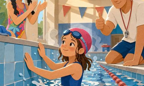 Lina, 10 ans, cheveux bruns mi-longs légèrement ondulés, bonnet de bain rose, maillot bleu, lunettes de piscine sur le front, visage soulagé et fier, sourire timide, bras tendus touchant le carrelage après avoir traversé la piscine ; à gauche Nour, 10 ans, cheveux noirs en deux tresses, maillot coloré, debout au bord, mains en l’air applaudissant, expression joyeuse et encourageante ; à droite Hugo, maître-nageur d’environ 35 ans, peau claire, cheveux courts, sifflet au cou, pouce levé, posture attentive et bienveillante ; lieu : piscine intérieure lumineuse avec grands carreaux bleus, lignes d’eau noires, plots rouges, reflets argentés sur l’eau, légère vapeur et lampes chaudes ; ambiance : vue latérale rapprochée, bulles et éclaboussures autour de Lina, réactions joyeuses au bord, atmosphère triomphante et douce, couleurs vives et textures papier découpé aux ombres simples.