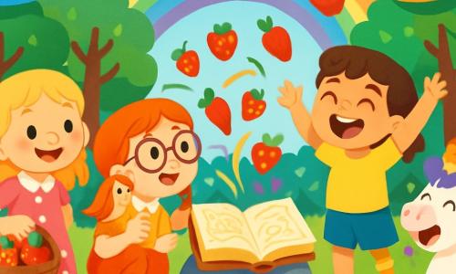 Quatre personnages se trouvent dans la Forêt des Chapeaux Virevoltants : Mimi, une petite fille de 6 ans avec des cheveux blonds et une robe rose à pois blancs, sourit en tenant un panier de fraises ; Lila, espiègle avec des tresses rousses et des lunettes rondes, parle à un oiseau sur son épaule ; Zoé, avec un sourire malicieux et une prothèse dorée à la jambe, rit les bras levés ; et Zazou, une licorne maladroite avec une crinière violette, est assise sur l'herbe en riant avec les enfants. Ils découvrent ensemble le Grand Livre des Charmes, coincé entre deux pierres chantantes qui émettent une mélodie joyeuse, tandis que des fraises et des poivrons apparaissent autour d'eux dans un tourbillon de couleurs.