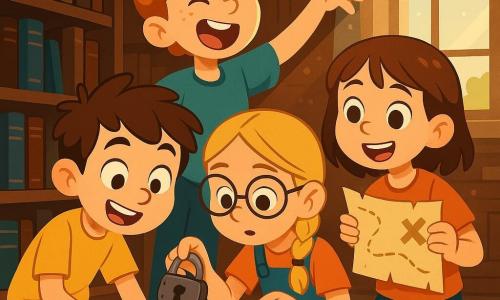Quatre enfants, deux garçons et deux filles de 8 ans, se trouvent dans une vieille bibliothèque magique. Léo, aux cheveux bruns en bataille, est accroupi devant un grand livre en cuir, visiblement excité. Ana, avec ses cheveux blonds tressés et ses lunettes, examine un cadenas en fer. Tim, aux cheveux roux et aux taches de rousseur, mime un pêcheur, tandis que Chloé, aux cheveux châtains, sourit en tenant une carte au trésor. La bibliothèque, avec ses étagères en bois sombre et ses livres anciens, crée une ambiance mystérieuse. Les enfants découvrent un livre mystérieux avec un cadenas et cherchent ensemble une énigme pour l'ouvrir, remplis d'excitation et de curiosité.