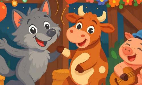 Un loup gris aux poils doux danse joyeusement dans une grange décorée de guirlandes de fleurs. À ses côtés, Marguerite, une vache rousse souriante, fait des pas de tango. Gaston, un cochon rose avec un chapeau amusant, joue de la guitare, tandis que des grenouilles vertes jouent une mélodie. La grange est remplie de ballons et de lumières scintillantes, créant une ambiance festive. La scène illustre la fête des animaux, où chacun s'amuse sous un ciel étoilé, symbolisant l'amitié et la joie partagée.