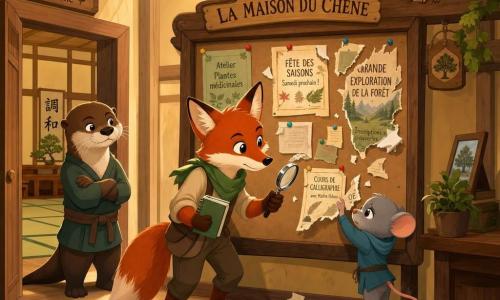 Silex, renard anthropomorphe au pelage roux et aux yeux malicieux, est debout au centre, déterminé et bienveillant, tenant un petit carnet vert et une loupe devant un grand tableau d'affichage en bois ; Pique, petite souris grise timide et coupable, collée au tableau tient un morceau d'affiche déchiré ; Nori, loutre brune aux bras croisés, surveille protectrice près d'une porte de dojo ouverte ; Sélène, chouette blanche aux yeux dorés, est perchée sur une poutre à droite ; la Maison du Chêne est un hall en bois clair avec punaises colorées, affiches déchirées et miettes de papier, éclairé par une lumière chaude venant d'une fenêtre haute, scène nocturne de découverte résolue, ambiance douce et chaleureuse en style vectoriel aux contours nets.