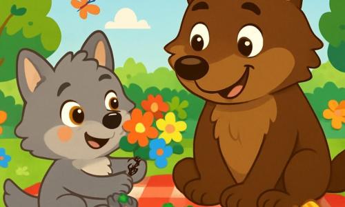 Loulou, un petit loup aux yeux dorés et au pelage doux et gris, est assis sur une grande couverture à carreaux rouges et blancs dans le jardin, souriant et tenant un bouquet de fleurs colorées. À côté de lui, Papa Loup, un grand loup brun aux yeux affectueux, le regarde avec un sourire chaleureux, assis en tailleur parmi des plats de pique-nique. Le jardin est rempli de fleurs éclatantes, de papillons et d'un ciel bleu clair. Loulou et Papa Loup profitent d'un pique-nique surprise pour la fête des pères, entourés de mets savoureux et de fleurs.
