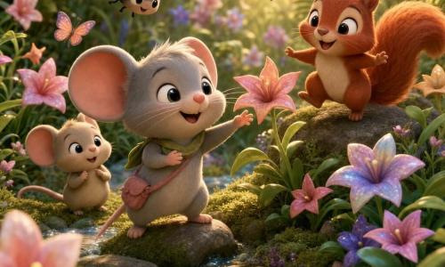 Miette, petite souris grise au visage rond et oreilles roses, tend une patte vers une fleur en souriant; Louna, coccinelle rouge à pois noirs, vole au-dessus d'elle; Petit Chêne, écureuil roux à grosse queue, saute sur une pierre; Filou, mulot timide, se tient derrière, curieux; ils découvrent un jardin secret caché derrière des fougères avec fleurs multicolores, ruisseau scintillant, mousses et papillons; scène matinale chaleureuse en couleurs pastel, textures veloutées, style figurines 3D mignonnes, éclairage doux et arrière-plan légèrement flou.