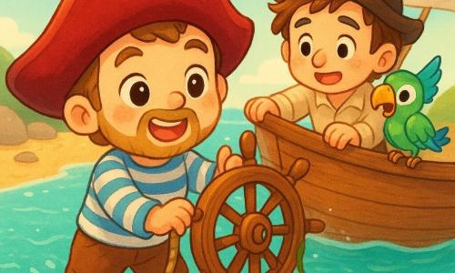 Le capitaine Léon Barbeclaire (~35 ans) souriant et déterminé, grand chapeau rouge, chemise rayée bleu et blanc, pantalon brun court et petite barbe claire, est à moitié dans l’eau turquoise en train de tirer vigoureusement un gouvernail en bois couvert d’algues; un marin d’environ 40–45 ans, cheveux en bataille et chapeau de travers, aide depuis le petit voilier bois, une main sur le bastingage; Jacquot le perroquet coloré (vert, bleu, touche de jaune) est perché sur le bastingage, excité et pointant le gouvernail du bec; scène sur une plage près du rivage avec eau claire, algues et poissons visibles, rochers arrondis, sable doré et ciel lumineux; composition centrée, couleurs vives, textures bois grainées, gouttes d’eau scintillantes, style chibi kawaii mignon, lumière chaude de milieu de matinée et cadrage légèrement en plongée.