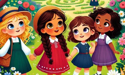 Dans un jardin enchanté, quatre petites filles se tiennent main dans la main, rayonnantes de joie. Lila, cinq ans, avec des cheveux bruns et une robe rouge à pois blancs, regarde le ciel avec émerveillement. À sa gauche, Ana, également cinq ans, a des cheveux blonds tressés et porte une tunique verte et un short en jean. Sam, une autre fille de cinq ans avec des cheveux bouclés châtains et des lunettes rondes, porte une robe bleue et tient des crayons de couleur. Enfin, Zoé, avec des cheveux noirs et une robe violette, scrute un labyrinthe de fleurs. Le jardin est magique, rempli de fleurs multicolores et d'arbres scintillants. Les quatre amies découvrent le Jardin des Étoiles et s'engagent dans une quête pour comprendre la vérité de leurs rêves, émerveillées par les fleurs chantantes et prêtes à écouter leur cœur pour réaliser leurs souhaits.