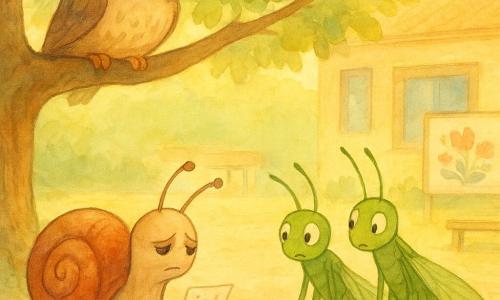 Lino, un petit escargot au dos brillant et aux antennes délicates, est assis sous un grand chêne, avec une expression triste mais déterminée, tenant un petit mot coloré dans sa coquille. Niki, une sauterelle verte aux ailes translucides, se tient à quelques pas, surprise, tenant le mot que Lino lui a donné. Piko, une autre sauterelle, est à côté de Niki, regardant Lino avec curiosité et regret. Maîtresse Plume, une chouette au plumage doux et aux yeux bienveillants, observe depuis une branche basse du chêne, un sourire encourageant sur le visage. La cour de l'école est baignée de lumière dorée, avec des bancs en bois et des tableaux peints de fleurs colorées. La scène principale montre Lino tendant son mot à Niki, un geste simple mais puissant, dans une atmosphère de réconciliation et de compréhension.