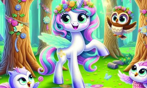 Au centre de la scène, une licorne nommée Luna se tient fièrement, ses crins pastel flottant au vent. Elle sourit, ses yeux pétillants de joie, invitant ses amis à un festival de talents. À sa droite, Mira, une petite fée aux ailes scintillantes, vole avec enthousiasme, portant une robe de pétales colorés et préparant des décorations. À gauche, un hibou sage observe la scène, prêt à partager ses conseils. Le lieu est la Clairière des Merveilles, entourée de grands arbres avec des guirlandes de fleurs. Luna et ses amis préparent le festival, célébrant l'égalité des talents et l'harmonie dans la forêt enchantée.