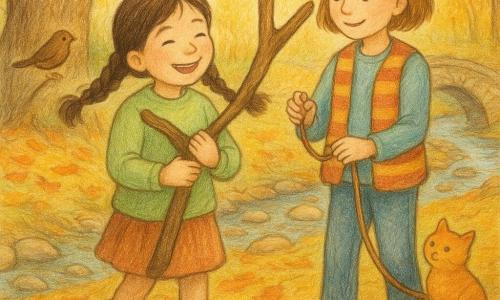 Lila, 6 ans, joyeuse et concentrée, tresses brunes bougeant, bottines roses boueuses et pull vert clair, tient contre sa poitrine une branche en Y avec douceur et fierté; Nina, ~8 ans, souriante et attentive, cheveux courts châtain clair, gilet rayé et jeans, tient l’autre extrémité d’une corde attachée à la perche, se tenant un peu en arrière; un petit oiseau brun sur une branche basse, un chat orange sur une pierre et une tortue au sol observent près des pieds des filles; scène à la lisière d’une clairière sous un vieux chêne à l’écorce rugueuse, tapis de feuilles jaunes et rouges, petit ruisseau avec cailloux polis et pont de pierres en arrière-plan, lumière dorée du soir filtrant à travers les feuilles; moment de succès calme et chaleureux après avoir décroché la branche en Y ensemble, expressions de fierté et de douceur, composition centrée, couleurs chaudes, traits doux et textures de crayon visibles.