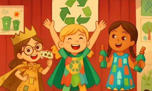 Il y a trois personnages : Léa, une fille de 10 ans aux cheveux dorés et aux yeux pétillants, habillée en super-héroïne du recyclage avec un costume coloré, se tient au centre, souriante et confiante. Emma, 9 ans, avec des cheveux bruns et des lunettes rondes, est à gauche de Léa en Reine du Carton, tenant un masque en boîtes d'œufs. Chloé, 10 ans, avec des cheveux châtains et des tresses, se trouve à droite de Léa en robe de bouteilles recyclées, prête à lancer un projectile de nettoyage. L'action se déroule dans un auditorium scolaire décoré de guirlandes et de dessins sur le recyclage, où les trois filles présentent leur pièce de théâtre en chantant, devant une foule d'élèves et de parents applaudissant, avec un panneau affichant : 