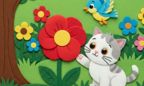Minou, petit chat au pelage doux blanc et gris et aux yeux ambrés, tend la patte vers une grande fleur rouge à pétales ronds; Pip, petit oiseau bleu et jaune, vole juste au‑dessus en air amical; jardin en tapis de feutrine verte avec un tronc d'arbre à gauche et fleurs en arrière‑plan; scène douce et pédagogique où Minou s'arrête par curiosité et Pip l'avertit de ne pas cueillir la fleur, couleurs vives et formes simples pour tout‑petits.