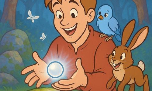 Jeune homme au visage rond et souriant, cheveux châtain clair en mèches, tient une perle lumineuse blanc-argenté; un lièvre brun aux grandes oreilles bondit à sa droite près d'une racine moussue, regard tourné vers la perle; un petit oiseau bleu clair perché sur son épaule gauche, plumage soyeux et regard curieux; clairière circulaire couverte d'une mousse verte épaisse, pierres anciennes lichénifiées, arbres aux feuilles miroitantes reflétant des tons pastel, papillons de nuit translucides tournoyant autour de la perle; lumière argentée émanant de la perle éclairant les visages, contraste chaud-froid avec les ombres bleutées de la forêt; ambiance féérique et paisible; scène centrée montrant l'homme découvrant et partageant le Cœur-Lumière posé sur une pierre moussue, style dessin animé années 90, couleurs pastel saturées, traits nets et silhouette simple.
