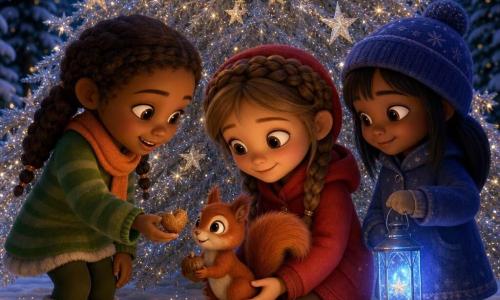 Quatre personnages dans une clairière enneigée sous un immense sapin décoré d'étoiles argentées : Lilou, ~8 ans, cheveux châtain clair en couronne de tresses, manteau rouge à capuche et bottes fourrées, accroupie tenant un petit écureuil roux au regard reconnaissant et queue touffue ; Zoé, ~7 ans, cheveux bruns en nattes, pull vert rayé et écharpe orange, à gauche, souriante, tendant une noisette en forme de cœur ; Jade, ~6 ans, cheveux noirs lisses, manteau bleu nuit et bonnet à pompon, à droite, tenant une lanterne bleue qui éclaire les visages; ambiance nocturne de Noël chaleureuse et magique avec neige, halos bleutés de la lanterne, branches lourdes de neige et quelques paillettes dorées sur le sol.