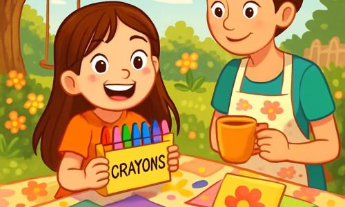 Une petite fille de 8 ans, Léa, avec de longs cheveux bruns et des taches de rousseur, sourit en tenant une boîte de crayons colorés. Elle est assise sur une nappe à fleurs, entourée de papiers colorés et de cartes faites main. À côté d'elle, sa maman, une femme d'environ 30 ans avec des cheveux châtains en chignon, la regarde avec tendresse, souriant fièrement. Le décor est un jardin ensoleillé avec des fleurs éclatantes et une balançoire en bois. Léa prépare des cartes pour la fête des mères, encouragée par le regard aimant de sa maman.