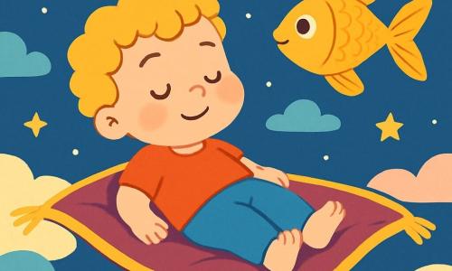 Un petit garçon de 2 ans, aux cheveux bouclés et dorés, sourit paisiblement allongé sur un tapis volant moelleux, entouré de nuages doux. Il ferme les yeux, respirant calmement, avec une expression sereine. À ses côtés, un joli poisson d'or nage gracieusement dans l'air, ses écailles scintillant sous la lumière. Le lieu est un ciel étoilé avec des nuages pastel et des étoiles scintillantes, créant une ambiance magique. Le garçon se laisse porter par le tapis, tandis que le poisson l'encourage à respirer doucement, instaurant une atmosphère de relaxation parfaite pour s'endormir.