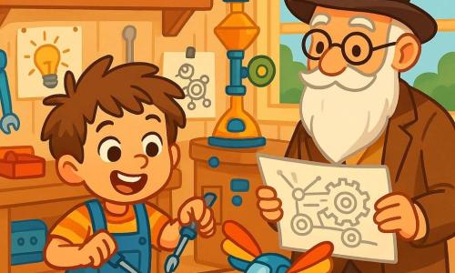 Un petit garçon de 6 ans, Paul, avec des cheveux bruns en bataille et des yeux curieux, manipule des outils dans un atelier d'inventeur. Il porte une salopette bleue et un t-shirt rayé, affichant une grande joie. À ses côtés, Monsieur Lefebvre, un homme âgé avec une longue barbe blanche et un chapeau haut-de-forme, l'observe avec bienveillance, tenant un plan d'invention. L'atelier est rempli de machines colorées, de pièces de métal brillantes et de dessins, créant une atmosphère magique. Paul teste une petite voiture volante qu'il a fabriquée, avec des ailes colorées, tandis que l'enthousiasme de Paul et l'encouragement de Monsieur Lefebvre favorisent la créativité.