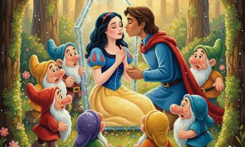 Blanche-Neige, adolescente d’environ 16 ans, repose dans un cercueil de verre brillant, peau pâle rosée, cheveux noirs étalés, visage paisible. Un jeune prince d’environ 22 ans, en tunique bleue et cape rouge, s’agenouille à droite et l’embrasse tendrement. Sept nains trapus d’environ 50–70 ans forment un demi-cercle autour du cercueil, barbes et chapeaux colorés, visages étonnés et émus. La scène se situe dans une clairière au crépuscule, mousses vertes, fleurs sauvages, troncs couverts de lichen; une lumière dorée filtre entre les branches et fait scintiller le verre et la rosée. Style : peinture acrylique aux coups de pinceau visibles, palette chaude et contrastée, textures épaisses et contours légèrement naïfs, composition centrée sur le cercueil avec plans rapprochés sur les visages, ambiance magique et bienveillante.