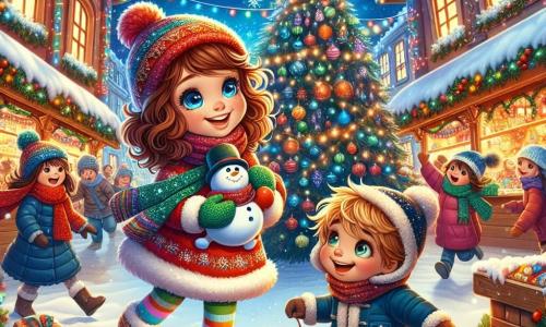 Émilie, une petite fille de 9 ans aux cheveux châtains bouclés et aux yeux pétillants, se tient au centre d'un marché de Noël animé, souriante. Elle porte un pull rouge à motifs de sapin et des chaussettes colorées, tenant une guirlande faite main. À côté d'elle, son petit frère Maxime, 4 ans, avec des cheveux blonds en bataille et un bonhomme de neige en peluche, admire le sapin. Le marché est vibrant, avec des stands décorés de guirlandes lumineuses et un grand sapin nu au centre. Émilie et ses amis rassemblent des décorations pour embellir le sapin, créant une atmosphère festive.