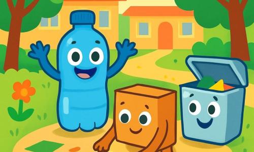 Une petite bouteille en plastique bleue, souriante, se trouve au centre de la cour d'école, levant les bras comme pour appeler à l'aide. À côté, un carton marron, amical, ramasse des papiers colorés éparpillés au sol. Un peu plus loin, une boîte en métal argentée, souriante, range les papiers. La cour est verdoyante, avec des arbres et des fleurs, mais le sol est en désordre. La bouteille, le carton et la boîte collaborent pour nettoyer la cour, soulignant l'importance de préserver la nature.