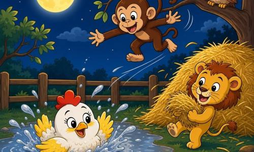 Pépita, petite poule blanche et jaune malicieuse, glisse sur le ventre dans une grande flaque d'eau sous la lune; Coco le singe brun saute de branche en branche au-dessus en riant, tendant les bras vers elle; Léo le lionceau doré, sourire, tient une botte de foin près d'un tas; un hibou perché observe depuis une branche; décor nocturne de zoo avec enclos bas, herbe sombre, flaques argentées et grande lune, ambiance joyeuse et paisible, éclaboussures et plumes de foin, style bande dessinée pour tout-petits.