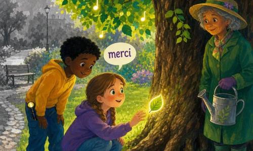 Zoé, 8 ans, cheveux châtain clair en tresses et visage tacheté de rousseur, s'accroupit, émerveillée, main près d'une petite feuille-lumière qui flotte; Samir, garçon d'environ 8 ans aux cheveux noirs, penché derrière elle avec une lampe de poche en poche, observe curieusement; Madame Lierre, femme âgée au chapeau de jardin et manteau vert tenant un arrosoir, sourit près d'un tilleul immense au tronc sculpté et aux feuilles lumineuses; une bille opaline miroitante repose malicieusement dans l'herbe près des racines; l'atmosphère est gaie et réparatrice, tons verts profonds, jaunes doux et touches de bleu, la feuille-lumière fusionne doucement avec le tronc tandis que Zoé dit « merci » et la couleur revient dans la partie grise du parc.