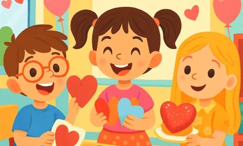Il y a 3 personnages : Zoé, une petite fille de 7 ans avec des couettes brunes, portant un t-shirt rose et une jupe à pois, souriante au centre avec des cœurs en papier coloré ; Léon, un garçon de 7 ans avec des lunettes rouges et des cheveux châtains, à gauche de Zoé montrant une carte en forme de cœur ; et Mila, une petite fille de 7 ans avec des cheveux blonds, à droite de Zoé tenant un gâteau en forme de cœur. L'action se déroule dans une classe lumineuse de l'école Arc-en-Ciel, décorée pour la Saint-Valentin, avec des cœurs et des gâteaux. Les enfants préparent une fête, entourés de rires et de créativité.