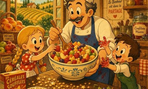 Un chef souriant aux cheveux poivre et sel, toque blanche et tablier bleu taché de confiture, tient un grand bol de salade de fruits colorée qu'il remue avec une cuillère en bois; à sa gauche une fillette de 8 ans aux nattes blondes et robe à pois rouges tend la main vers une fraise, à sa droite un garçon de 6 ans en salopette verte aux doigts tachés de jus de framboise rit sur la pointe des pieds; la cuisine chaleureuse de l'auberge montre une grande table en bois brut, paniers de pêches, pommes et raisins, une fenêtre ouverte sur des champs dorés baignés de soleil, des céréales soufflées brillantes sur la table; palette vive (rouges, oranges, verts, jaunes), atmosphère accueillante et gourmande, gestes doux et partage, composition centrée sur le chef et le bol, style graphique aux lignes fluides, formes rondes, ombres douces et texture papier ancien pour un effet rétro chaleureux.