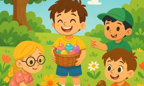 Quatre personnages principaux : Léo, un garçon de six ans avec des cheveux bruns en désordre, un t-shirt jaune et un short bleu, tenant un panier d'œufs colorés ; Mia, une fille de six ans aux longs cheveux blonds tressés et lunettes rondes, accroupie et examinant un œuf rouge derrière une fleur ; Tom, un garçon aux cheveux noirs et casquette verte, debout et pointant un œuf bleu découvert sous un buisson ; Lucas, un garçon châtain, assis sur l'herbe avec un œuf en chocolat en forme de dragon. Le jardin est en pleine floraison, avec des fleurs colorées, de grands arbres et un vieux chêne, sous un ciel bleu parsemé de nuages. Les enfants sont en pleine chasse aux œufs, riant et s'exclamant de joie, créant une atmosphère festive.