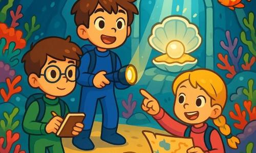 Il y a trois personnages : Léo, un garçon de 10 ans avec des cheveux bruns en bataille et une combinaison de plongée bleue, tenant une lampe torche ; Zoé, une fille de 10 ans avec des cheveux blonds tressés, portant une combinaison rose et tenant une carte au trésor, pointant une direction ; et Max, un garçon de 10 ans avec des cheveux châtains et des lunettes, en combinaison verte, prenant des notes. L'histoire se déroule dans une immense grotte sous-marine illuminée par des rayons de lumière, avec des parois de coraux multicolores et un sol de sable doré. Les enfants découvrent un trésor caché, une grande porte de nacre s'ouvrant lentement pour révéler une perle brillante, tandis qu'ils expriment émerveillement et excitation.
