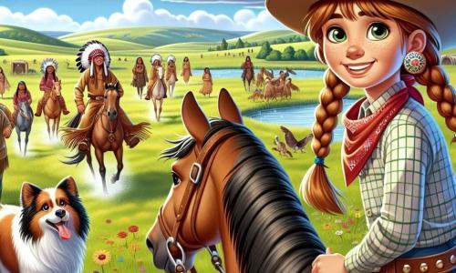 Au premier plan, Sarah, une cow-girl de 12 ans, est fièrement sur son cheval. Elle a de longs cheveux châtains tressés, un stetson beige, une chemise à carreaux rouge et un jean en denim. Son visage exprime détermination et curiosité alors qu'elle observe un groupe d'Indiens au loin, prête à les approcher avec un sourire amical. À ses côtés, Rusty, son chien de berger aux poils dorés, court joyeusement autour d'elle. En arrière-plan, un groupe d'Indiens, mené par un homme âgé, se tient près d'une source d'eau, portant des vêtements traditionnels colorés. Le lieu est une prairie ensoleillée avec des collines verdoyantes et un ciel bleu parsemé de nuages. Sarah s'approche des Indiens en chantant doucement pour apaiser leurs craintes, tandis que Rusty gambade autour d'eux, créant une atmosphère chaleureuse et pleine d'espoir.