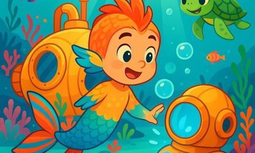 Elyo, un jeune personnage moitié poisson, moitié oiseau, nage avec enthousiasme dans un lagon turquoise. Ses écailles scintillantes et ses plumes colorées brillent sous le soleil. Curieux et émerveillé, il touche un casque de plongée lumineux près d'un sous-marin en forme de coquille géante. Une petite tortue marine, avec sa carapace verte et ses yeux pétillants, l'observe avec excitation. Le décor sous-marin est féerique, rempli de coraux colorés et de poissons éclatants, tandis que des rayons de lumière filtrent à travers l'eau. Elyo hésite entre entrer dans le sous-marin ou essayer le casque, entouré d'algues dansantes qui ajoutent à l'atmosphère d'aventure.
