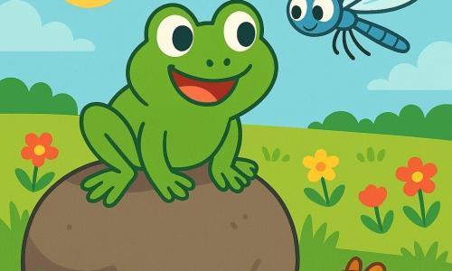 Une grenouille nommée Freddy, avec une peau verte et de grands yeux curieux, est perchée sur un rocher. Elle sourit joyeusement, prête à explorer. À ses côtés, une libellule nommée Lili vole avec grâce, ses yeux pétillants de curiosité. En arrière-plan, une prairie verdoyante parsemée de fleurs colorées est baignée par la lumière du soleil. Freddy et Lili regardent au loin, fascinés par une ouverture dans le sol où un écureuil semble coincé, créant une atmosphère d'aventure.