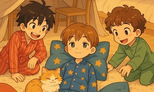 Quatre personnages dans une chambre tamisée et chaleureuse : Timothée, environ 9 ans, cheveux châtain clair, pyjama bleu à étoiles dorées, allongé au centre sur un grand coussin étoilé, bras le long du corps et regard doux ; Solal, environ 9 ans, cheveux noirs en bataille, pyjama rayé rouge, allongé à gauche près de l’entrée d’une cabane faite d’un drap, riant légèrement, appuyé sur un coude ; Léo, environ 9 ans, cheveux bouclés marron, pyjama vert, allongé à droite, souriant et tendant la main vers le coussin ; et Biscotte, petit chat roux et blanc au pelage duveteux, installé enroulé sur le coussin comme une reine. La pièce, avec tapis crème, lit avec duvet blanc, guirlande lumineuse jaune pâle et piles de coussins colorés autour, offre une ambiance cocooning et drôle, textures moelleuses et lumière chaude, style manga aux traits ronds et yeux expressifs.