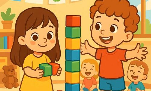 Une petite fille de 4 ans, Lisa, avec de longs cheveux bruns et des yeux pétillants, se tient au milieu d'une classe lumineuse. Elle sourit timidement, tenant des cubes colorés. À côté d'elle, Antoine, un garçon de 5 ans avec des cheveux bouclés et un t-shirt rouge, l'encourage avec un grand sourire. La salle de classe est décorée de dessins colorés et de jouets, créant une ambiance chaleureuse. Lisa et Antoine jouent ensemble à construire une tour de cubes, entourés des rires admiratifs d'autres enfants, illustrant l'esprit d'amitié et de découverte à l'école.
