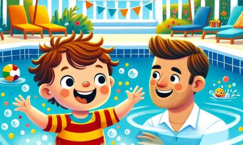Un petit garçon de 2 ans, cheveux bruns en bataille et grand sourire, nage dans une piscine bleue. Il porte un maillot de bain rayé rouge et jaune et fait des bulles, les yeux pétillants d'excitation. À côté de lui, Monsieur Lucas, un homme d'environ 30 ans avec des cheveux courts et une légère barbe, sourit et l'encourage, prêt à l'aider. La piscine est entourée de carrelage blanc et de chaises longues colorées, avec des jouets flottants et des ballons sur l'eau. Le ciel est bleu et ensoleillé, ajoutant à l'ambiance joyeuse. Le petit garçon s'amuse à éclabousser l'eau, tandis que Monsieur Lucas l'encourage, créant une atmosphère de camaraderie et de joie.