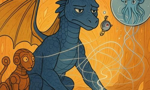 Sillane, grande dragonne aux écailles bleu encre et aux ailes ornées de filaments dorés, est attachée au Nœud Central, le visage résolu mais fatigué, une griffe posée sur une pierre sombre qui bat faiblement et une lueur spiralée monte de sa paume ; Zib, petit drone-escargot métallique avec un autocollant coloré, est accroché à son harnais, fier et malicieux, émettant de petites notes lumineuses près de son épaule ; à gauche, un sphinx mécanique en cuivre tisse des fils de lumière avec une queue en forme de clé, concentré et calme ; à droite, une méduse stellaire enfermée dans une bulle d’eau flotte en ondulant, projetant des rubans d’eau luminescente qui se mêlent aux fils ; le Couloir d’Ambre, tunnel lumineux aux tons orangés et ambrés, est rempli de filaments translucides, anneaux métalliques flottants et fragments suspendus ; la scène montre un rituel de réparation où fils de lumière et d’ombre sont tissés au-dessus du Nœud, la dragonne servant d’ancre vivante pendant que les autres apaisent le couloir tremblant, mélange de technologie et de magie, contraste chaud (ambre) / froid (encre bleue).