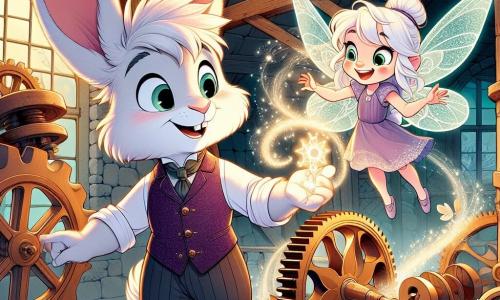 Barnabé, un lapin anthropomorphe au pelage blanc, porte un veston violet et tient une dent de dragon dans ses pattes. À ses côtés, Félicie, une petite fée aux cheveux brillants et aux ailes translucides, sourit en flottant légèrement au-dessus du sol, agitant des étincelles magiques. L'action se déroule dans un vieux moulin enchanté, rempli de rouages en bois et de cristaux lumineux, où la lumière de la lune crée une atmosphère mystérieuse. Barnabé et Félicie réparent un mécanisme complexe, tandis qu'une douce mélodie s'échappe du moulin, symbolisant l'harmonie entre magie et technologie.