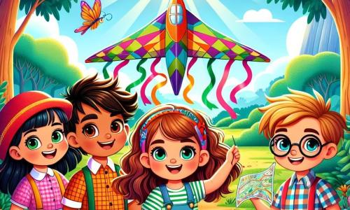 Dans une clairière ensoleillée, quatre amis se tiennent ensemble, prêts pour l'aventure. Léo, un garçon de six ans avec des cheveux bruns en bataille, est au centre, souriant et montrant leur machine volante, L'Aéroflore, décorée de couleurs vives. À sa droite, Emma, une fille courageuse avec des cheveux bouclés et une casquette rouge, lève les bras, enthousiaste. À gauche, Tom, un garçon intelligent portant des lunettes et une chemise à carreaux, examine une carte en souriant. Enfin, Mia, une fille gentille avec un sourire radieux, est assise sur une pierre, tenant un papillon coloré. Le décor est une clairière entourée de grands arbres, de fleurs sauvages et d'un ruisseau scintillant. Les enfants sont prêts à monter dans leur machine pour explorer le parc mystérieux, remplis d'excitation et de curiosité.
