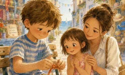 Tom, 6 ans, visage rond, cheveux châtain clair en bataille, assis sur un banc et souriant timidement, noue un ruban orange autour d’un bracelet en coquillages avec des mains un peu sableuses ; Lina, 4 ans, cheveux courts bruns et yeux pétillants, en robe estivale à fleurs roses, est assise à côté de lui, les mains jointes et émue en regardant le bracelet retrouvé ; la mère, vers 30 ans, cheveux attachés et tenue décontractée, sourit doucement derrière eux en posant la main sur l’épaule de Lina ; en arrière-plan, une ruelle piétonne ensoleillée aux façades pastel (bleu pâle, jaune crème) bordée d’une mercerie et d’une boutique de chapeaux, fanions colorés, pavés clairs, la mer scintillante et des mouettes au loin ; lumière chaude de fin d’après-midi, ombres douces, palette aquarelle douce en tons pastels avec touches corail et orange, textures papier, contours légèrement flous ; composition centrée sur les mains qui nouent le ruban et les regards échangés, ambiance tendre et festive de vacances d’été.