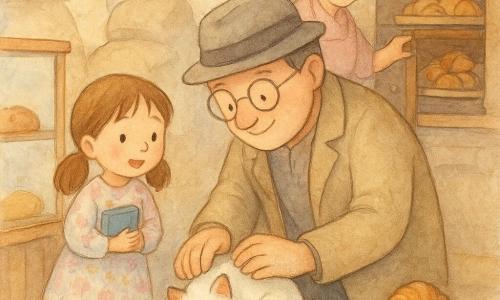 Monsieur Simon, visage doux, lunettes rondes, chapeau gris et manteau beige, penché à hauteur d’enfant souriant en caressant un petit chat blanc aux pattes farineuses; Lucie, ~7 ans, cheveux en couettes et robe à fleurs, émerveillée, tenant un petit livre près de la vitrine; Madame Rose, boulangère cinquantaine, tablier rose poudré et cheveux gris relevés, joyeuse près du fourneau ouvrant un placard où l’on voit des croissants; chat blanc au museau taché de chocolat blotti sous une étagère parmi une pile de mini croissants; intérieur chaleureux de boulangerie avec comptoir en bois clair, sacs de farine, poussière de farine au sol et lumière matinale douce — moment tendre de découverte aux teintes chaudes et textures aquarelle.