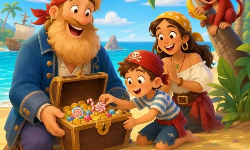 Léon, un grand pirate au sourire large, barbe douce, chapeau rouge pointu et veste bleue délavée, tient un coffre en bois ouvert rempli de pièces d’or et de bonbons ; à ses côtés un garçon d’environ 8 ans aux cheveux bruns et t-shirt rayé tend la main émerveillé vers un bonbon, derrière le coffre une femme pirate d’environ 30 ans à la peau bronzée et bandana jaune sourit et applaudit doucement, un petit singe roux tient une banane perché sur une branche de palmier ; ils sont sur une plage de sable doré bordée de palmiers, des coquillages forment un grand X où Léon a creusé et découvert le coffre, eau turquoise, ciel bleu avec quelques nuages, scène chaleureuse aux couleurs vives et lumière dorée, ambiance joyeuse et partagée.