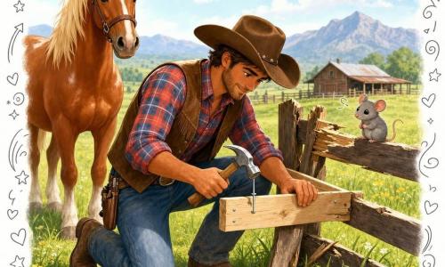 Un cow-boy agenouillé, visage bronzé et barbe naissante, grand chapeau marron, chemise à carreaux, gilet en cuir et jean, cloue une planche sur une clôture cassée ; son cheval Biscuit, alezan à crinière crème, se tient derrière à gauche, observant calmement, et une petite souris grise aux yeux noirs est perchée sur une latte à droite ; décor : vaste prairie lumineuse à herbe verte et fleurs jaunes, ranch et montagnes basses à l'horizon sous un ciel bleu cotonneux ; ambiance chaleureuse et sereine, plan centré sur la réparation avec clous étincelants et copeaux de bois.