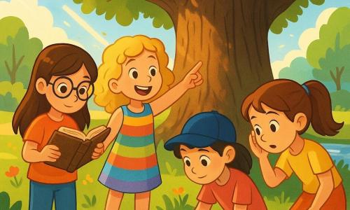 Quatre filles de dix ans, Clara, Lila, Jade et Zoé, se tiennent devant un grand chêne dans un parc ensoleillé. Clara, avec des lunettes, examine un vieux livre. Lila, souriante, pointe le chêne, vêtue d'une robe colorée. Jade, accroupie, regarde un coffret en bois caché dans l'herbe, tandis que Zoé, penchée, écoute le vent. Le parc est rempli de fleurs et de rayons de soleil créant une ambiance magique. Les quatre amies cherchent un trésor caché, intriguées par un ancien journal qui les a conduites à ce chêne mystérieux. Elles échangent des idées et des rires, prêtes pour leur aventure.