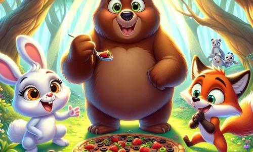 Barnabé, un ours brun aux yeux pétillants et au pelage doux, se tient au centre de la scène avec un large sourire, prêt à goûter une pizza au chocolat et aux olives, une cuillère à la patte. À sa droite, Lola, une lapine blanche, saute d'excitation en tenant un plat de fraises et de fromage bleu, son visage illuminé par un sourire joyeux. À gauche, Max, un renard roux, croise les pattes avec amusement en observant Barnabé, une assiette de bananes et de mayonnaise à ses pieds. La scène se déroule sous un grand chêne dans une forêt enchantée, éclairée par des rayons de soleil, avec un tapis de fleurs colorées. D'autres animaux curieux se rassemblent au fond, impatients de voir le défi culinaire. Barnabé, déterminé et amusé, s'apprête à croquer dans sa création, entouré de ses amis qui l'encouragent.
